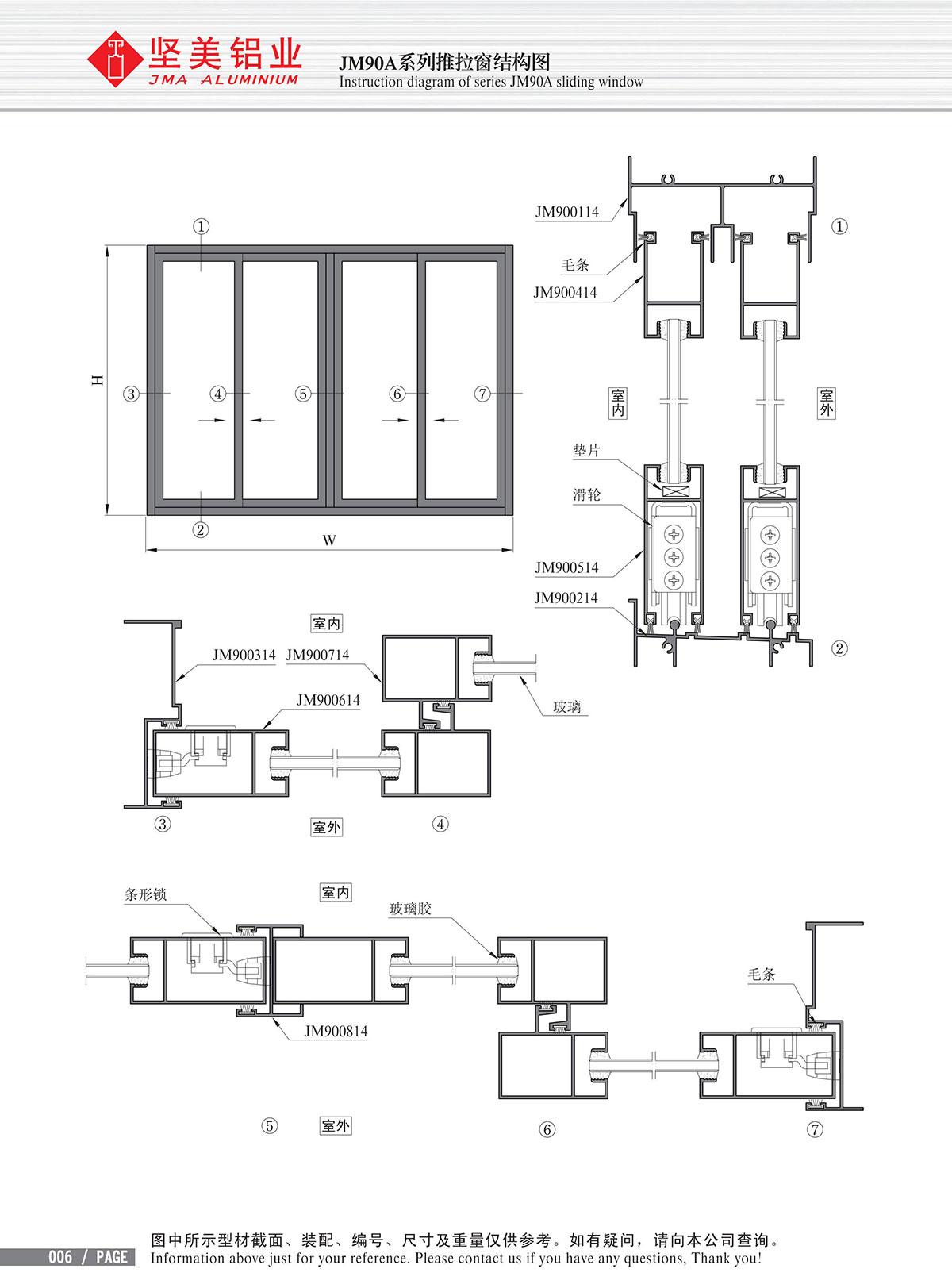 Schéma de structure de la fenêtre coulissante de la série JM90A